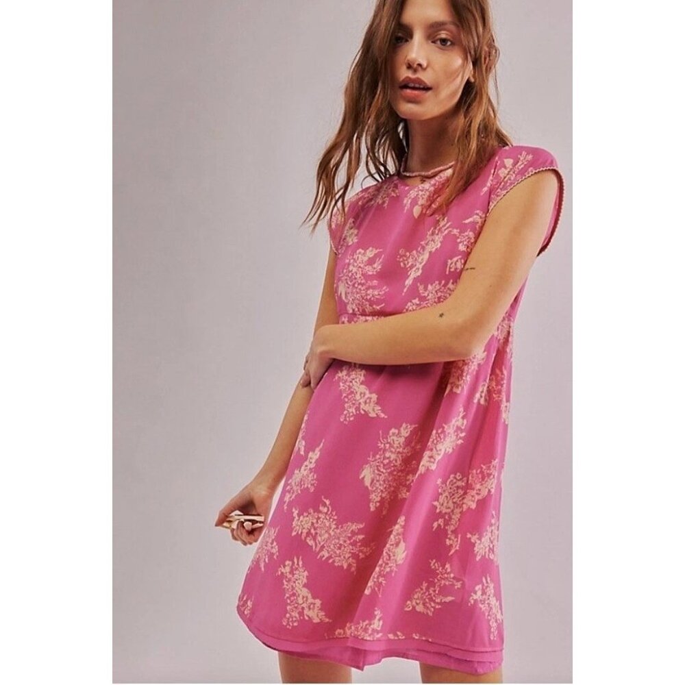 Free People Mazzi Pink Floral Mini Dress Cap Sleeves Keyhole Back Size XS